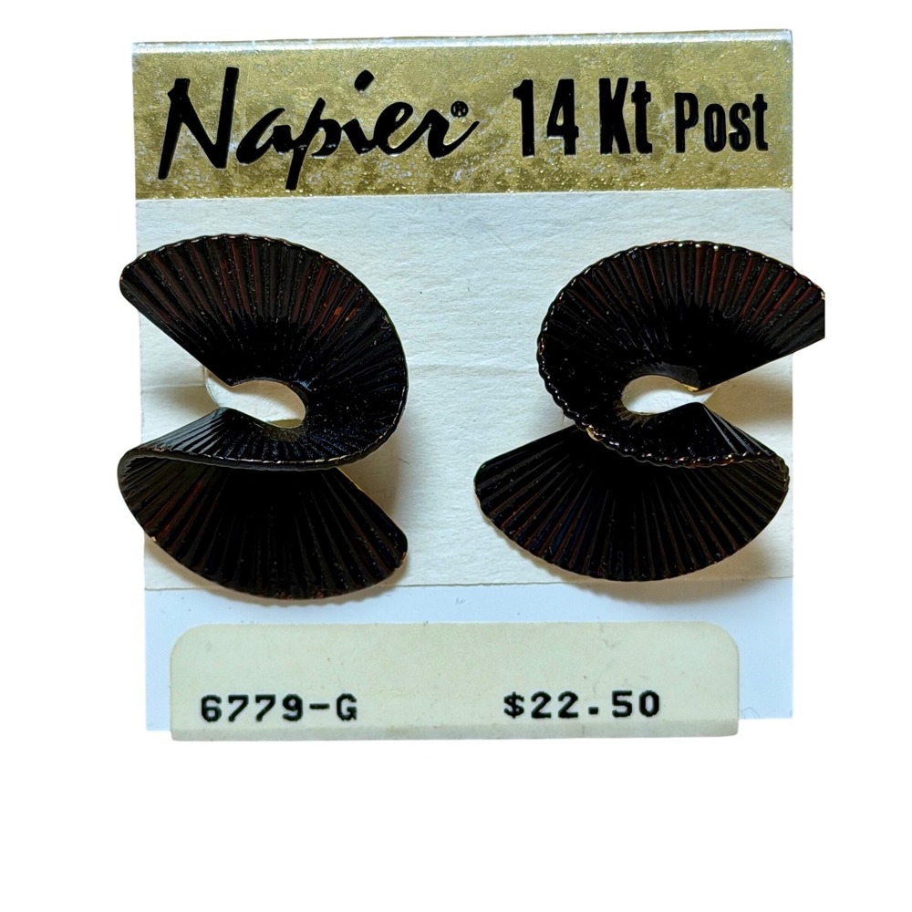Vintage Napier Black Enamel Swirl Fan Earrings 14K Gold Posts 6779-G NOS New